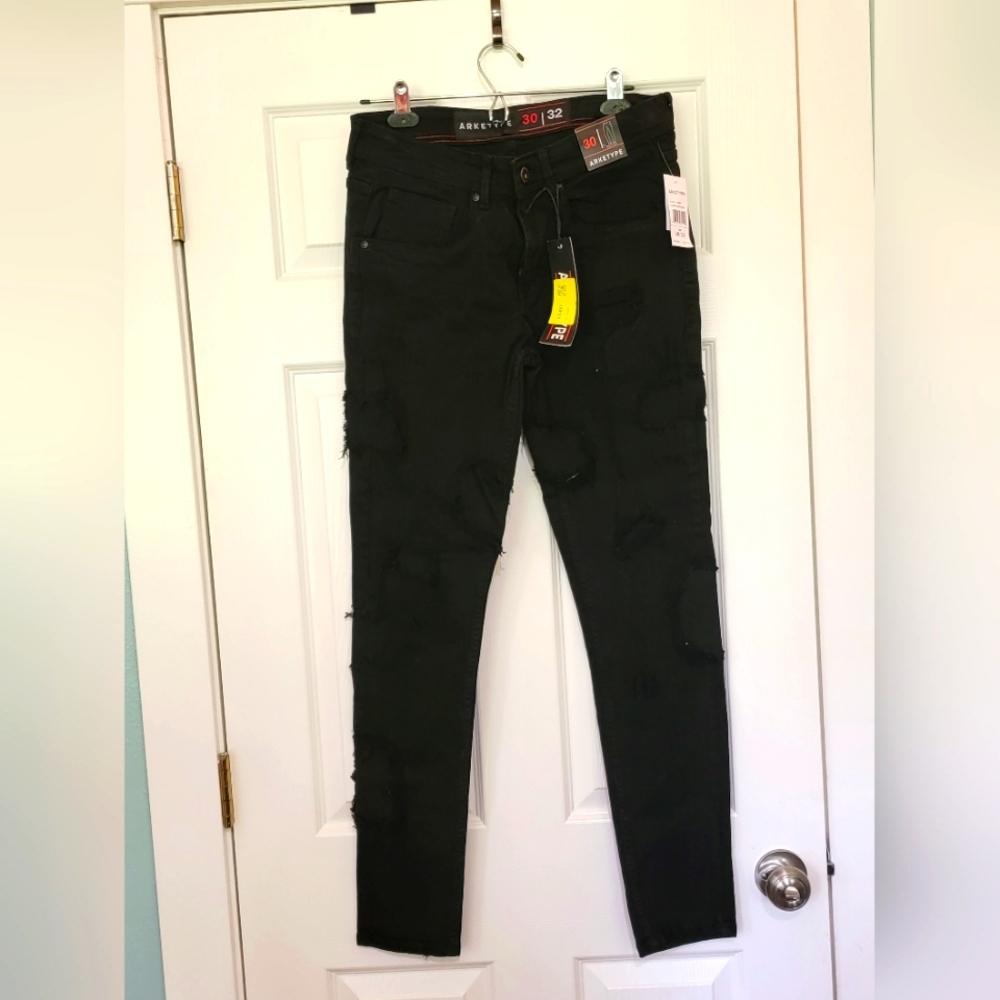 Arketype Skinny Slim Distressed Mens Black Denim Jeans 30/32